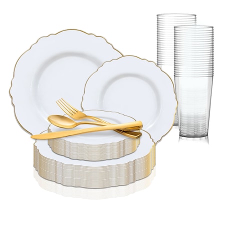 Smarty Had A Party White with Gold Rim Round Blossom Disposable Plastic Wedding Value Set, 720PK 4840WHG-VS120